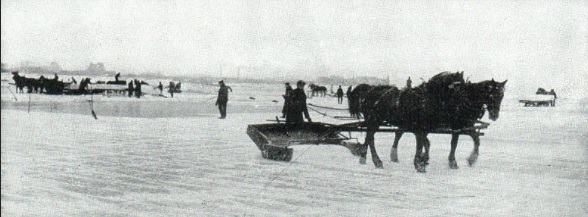 Teams of horses and men on a frozen lake, harvesting ice in the first half of the 20th century.