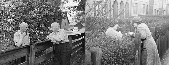 Side-by-side images of a pair of men and a pair of women "gossiping" over fences.